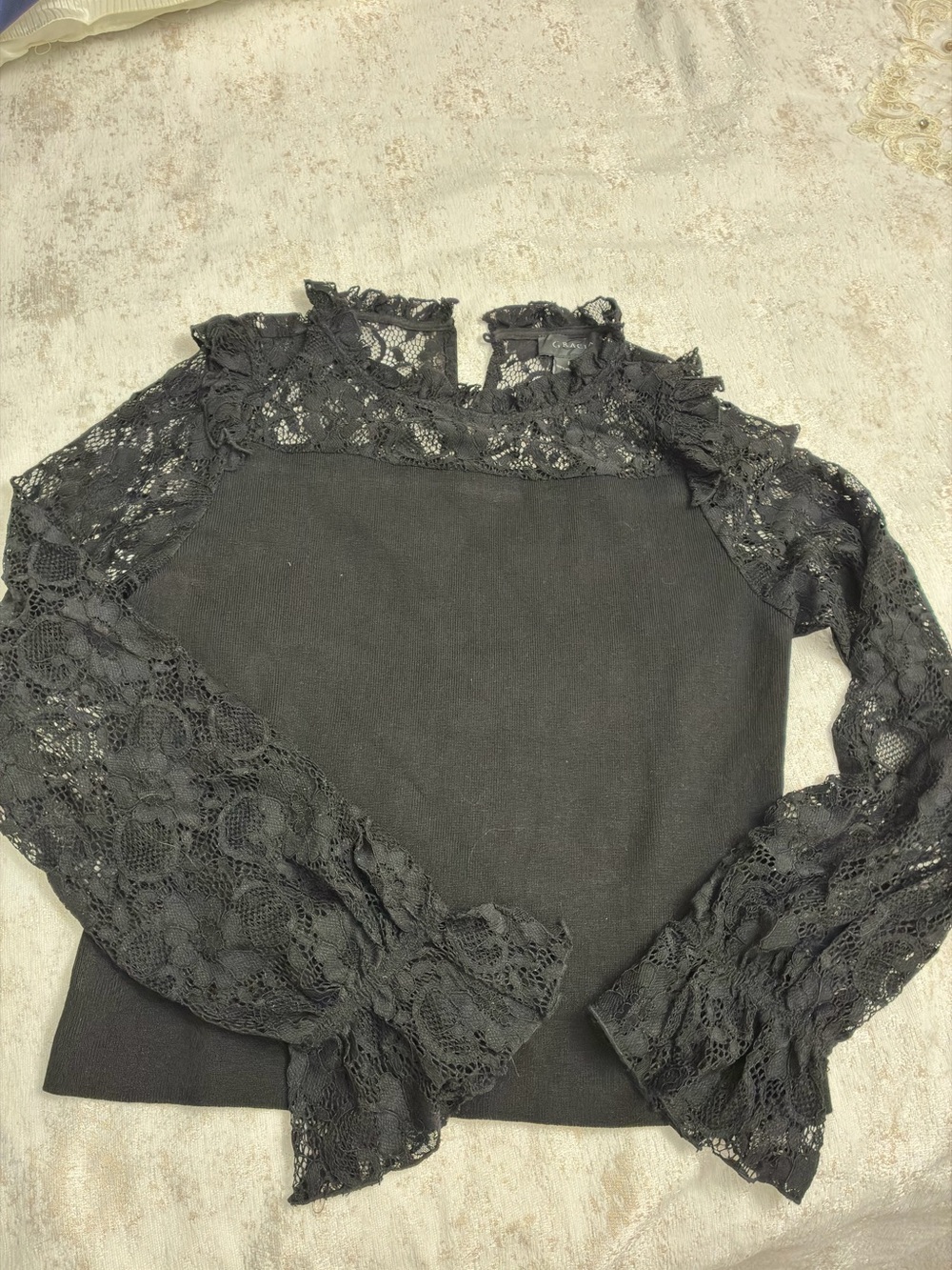 Gracia Black Lace Long-Sleeve Ruffle Top